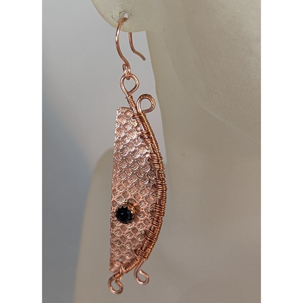 Wire woven copper earrings onyx bezel setTextured 3" x 5/8"signed OOAK Handmade
